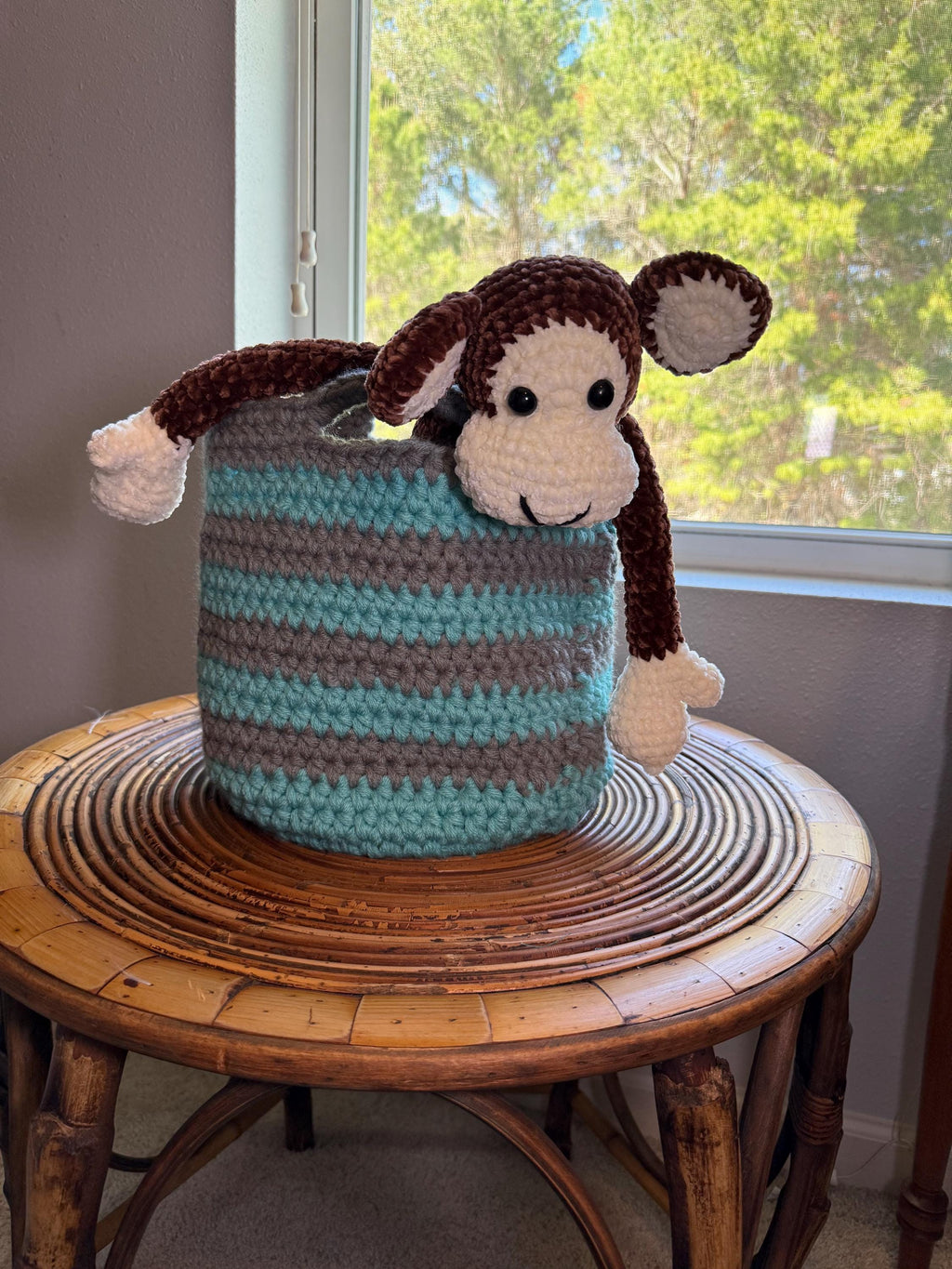 Blue and Gray Crocheted Basket: Farmhouse Handwoven Storage/Striped Coastal/Handmade Basket