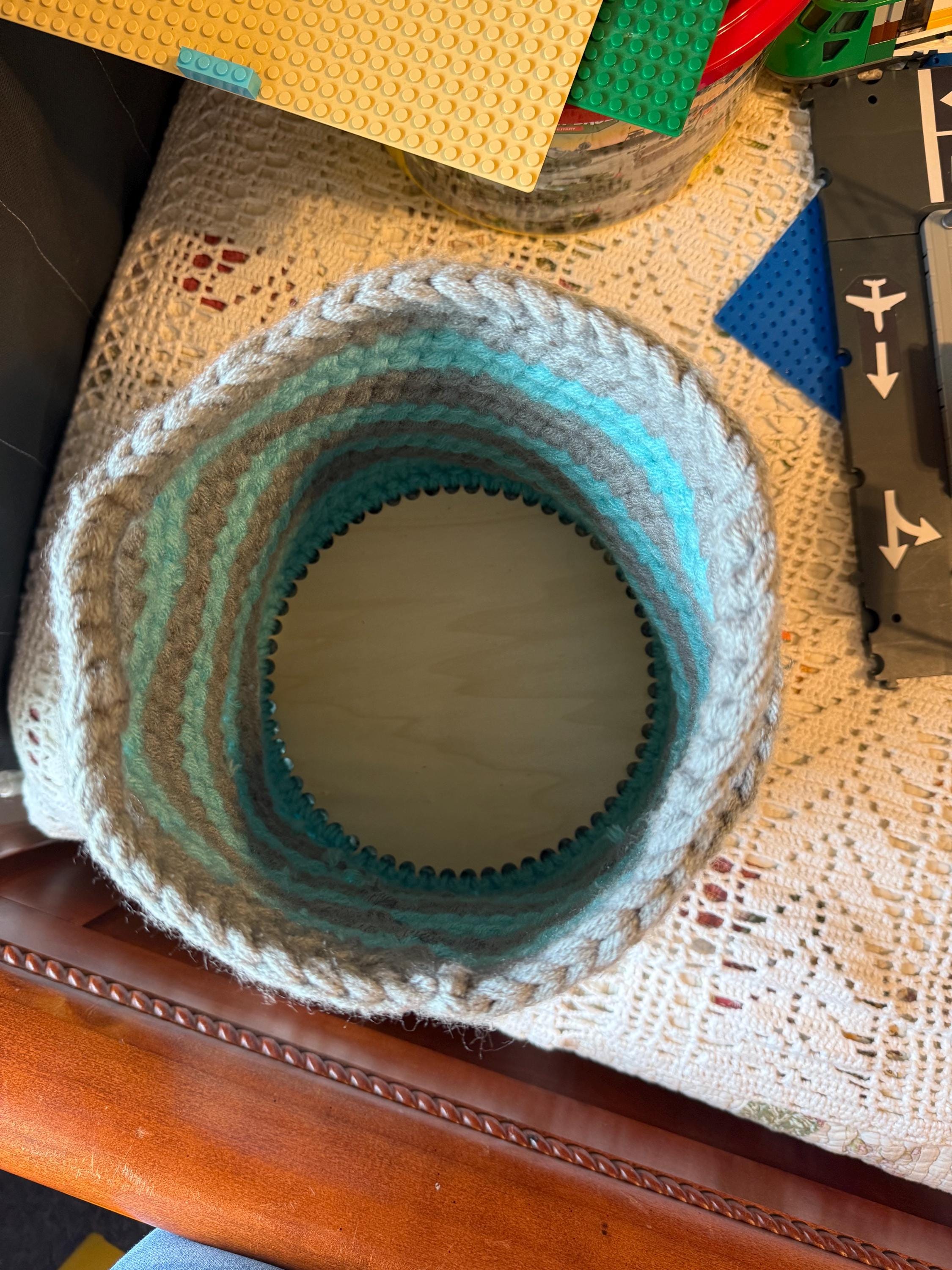 Blue and Gray Crocheted Basket: Farmhouse Handwoven Storage/Striped Coastal/Handmade Basket