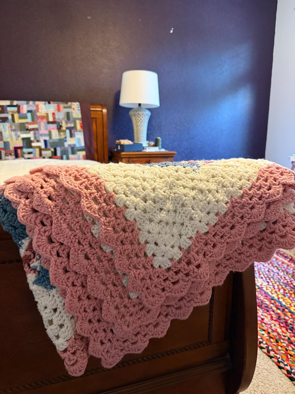 Handmade Appalachian Crochet Heart Blanket – 1990s Pink Blue Heirloom Throw