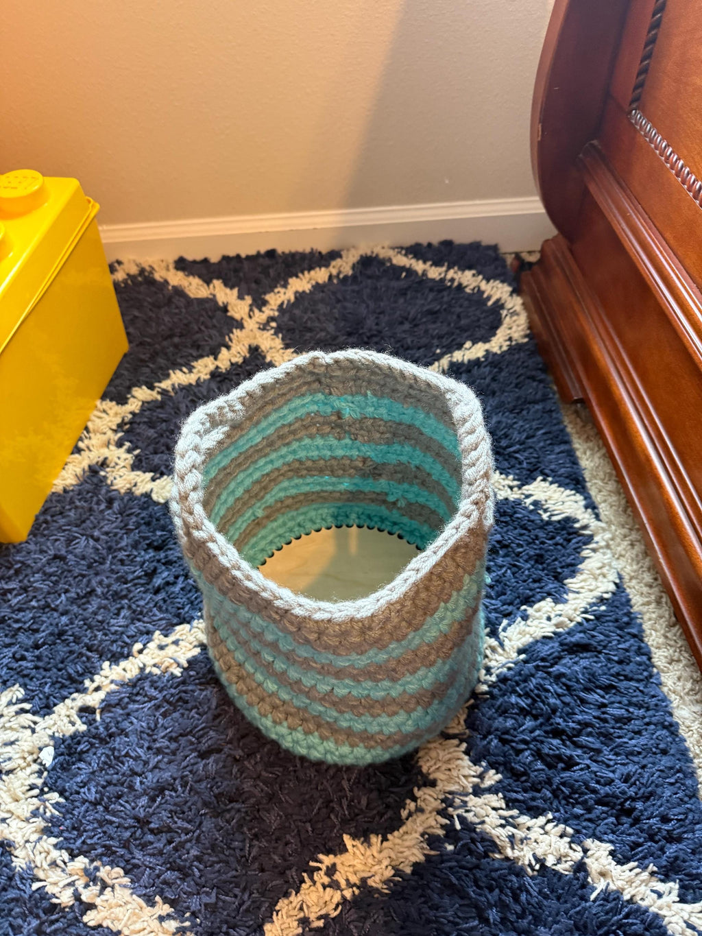 Blue and Gray Crocheted Basket: Farmhouse Handwoven Storage/Striped Coastal/Handmade Basket