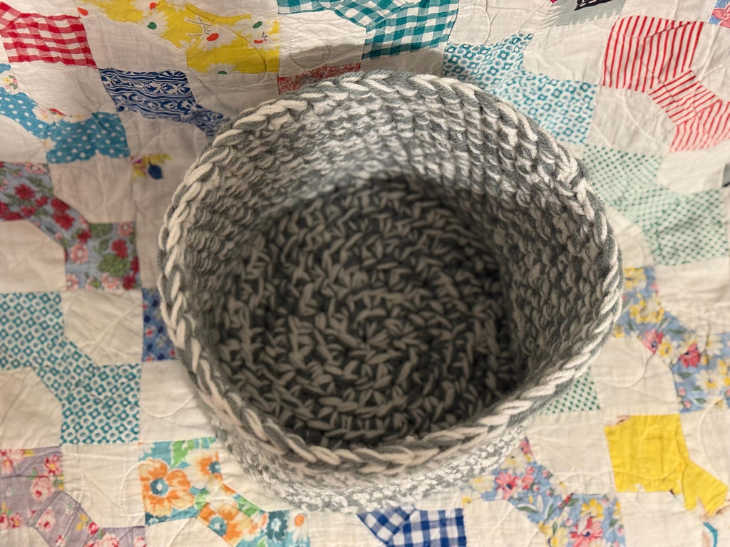 Handmade Crochet Basket: Gray and White Yarn Storage