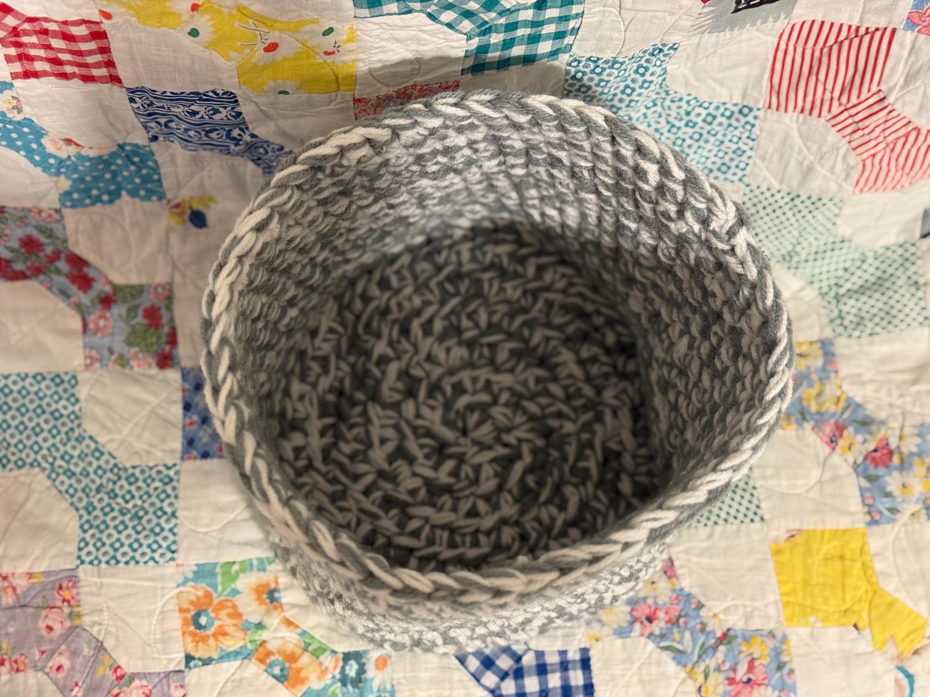 Handmade Crochet Basket: Gray and White Yarn Storage