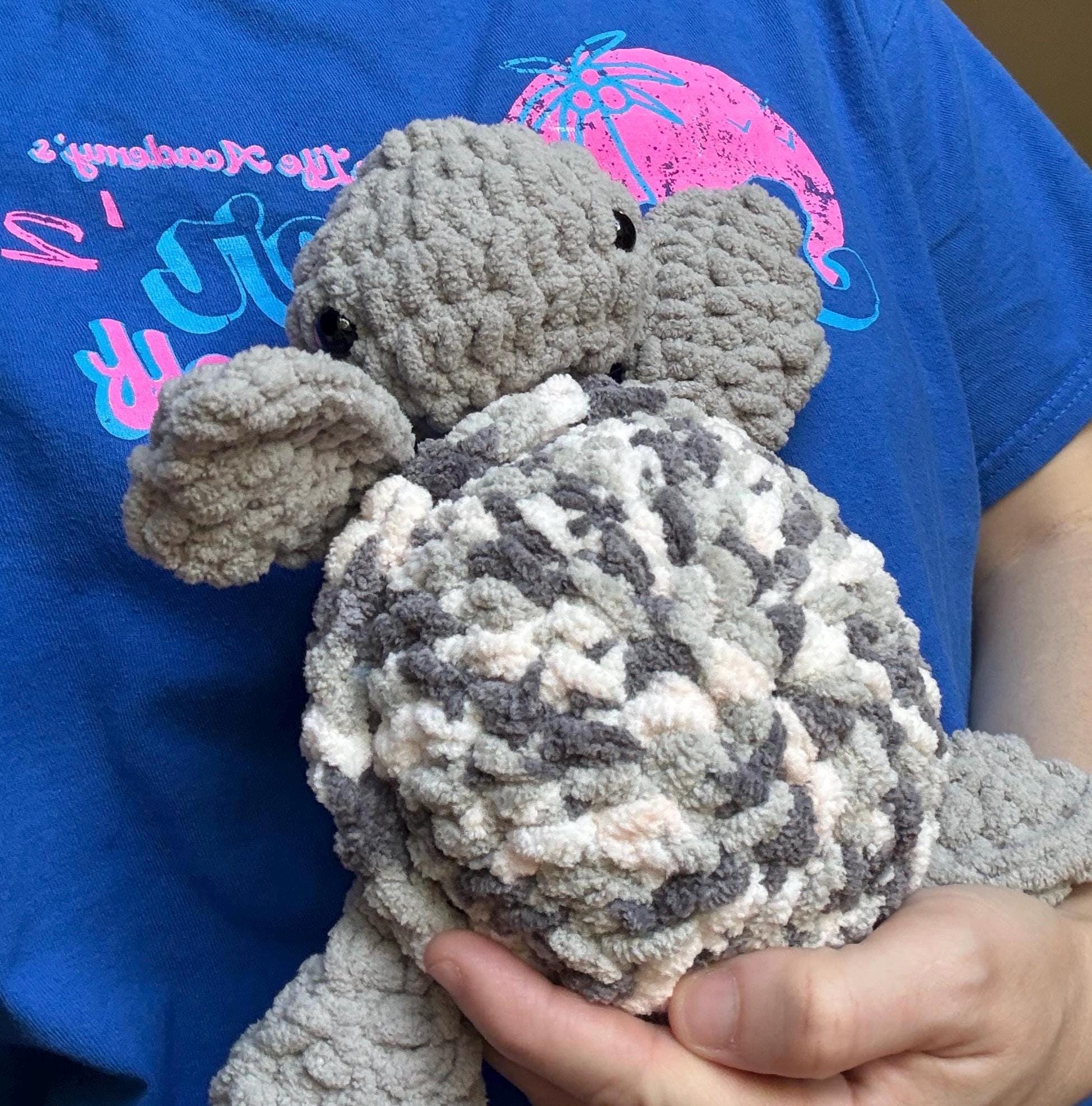 Chunky Crochet Sea Turtle Plushie – Soft Chenille Amigurumi Toy, Grey Marble Nursery Decor