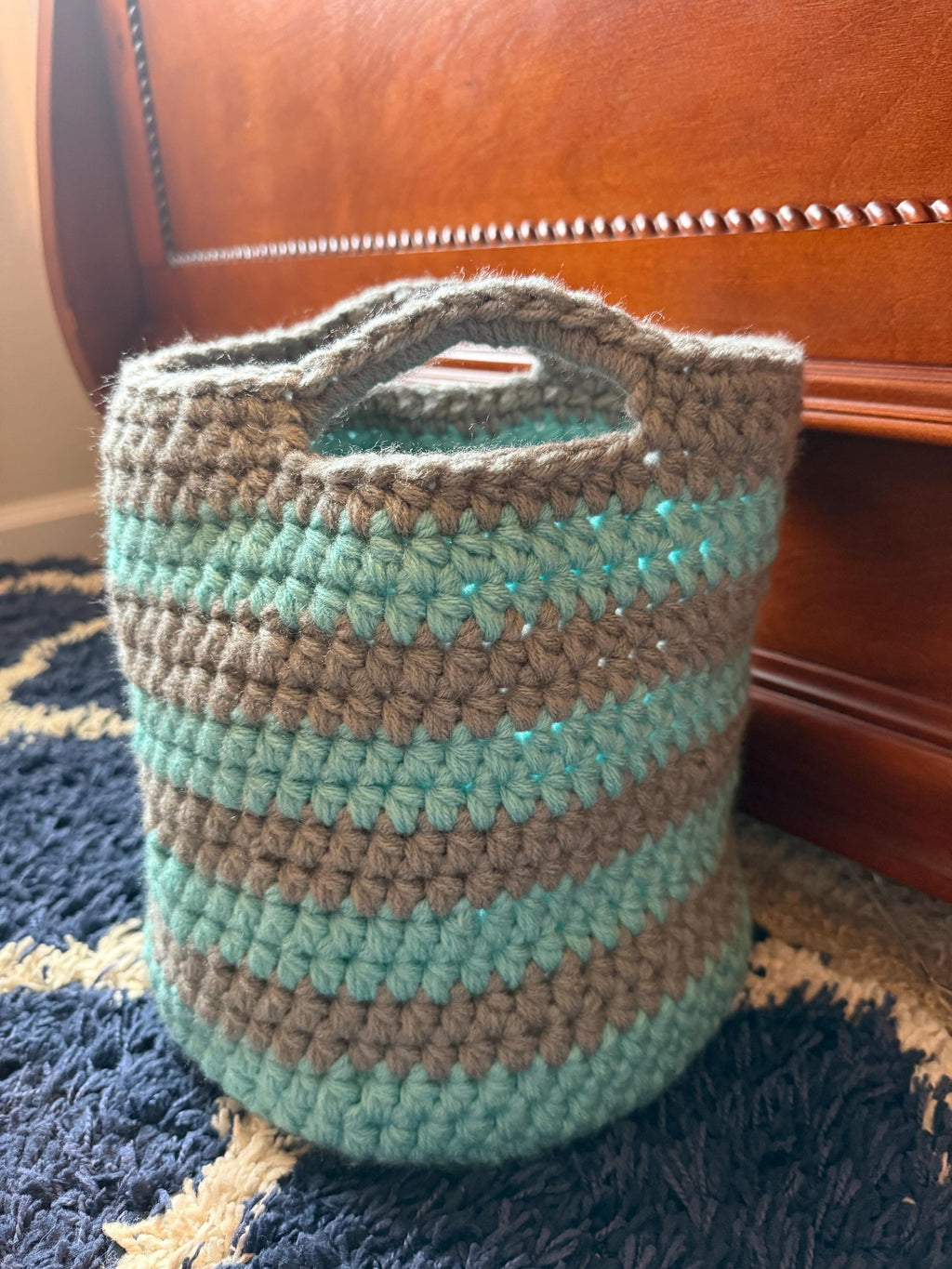 Blue and Gray Crocheted Basket: Farmhouse Handwoven Storage/Striped Coastal/Handmade Basket