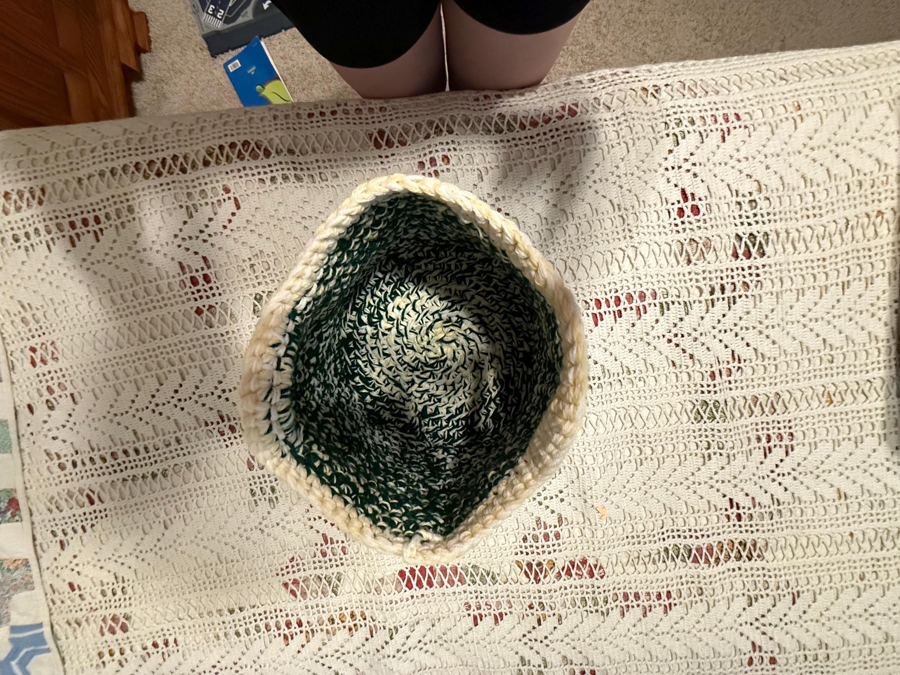 Handmade Crocheted Basket: Variegated Green & Cream, Boho Home Storage