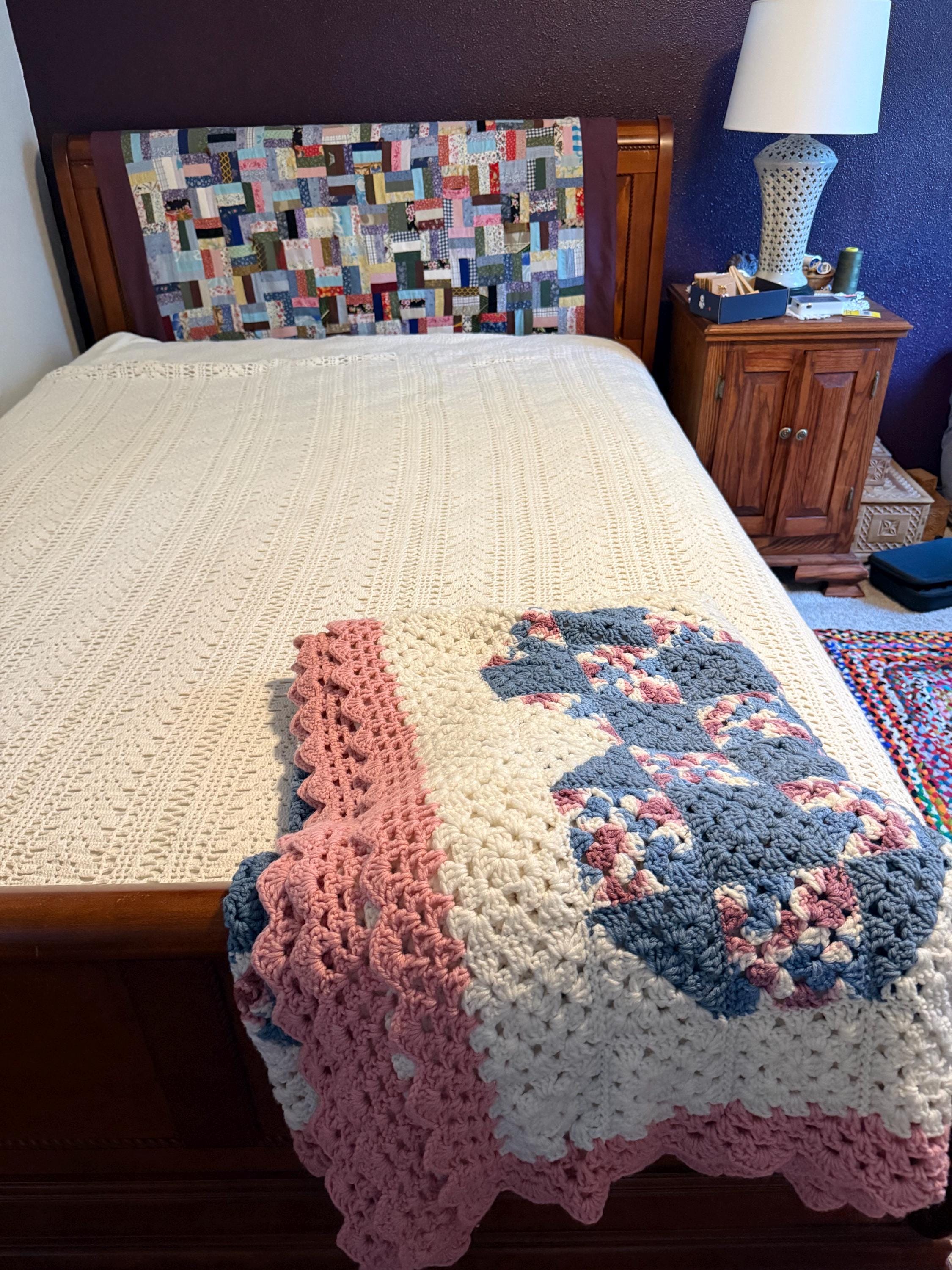 Handmade Appalachian Crochet Heart Blanket – 1990s Pink Blue Heirloom Throw