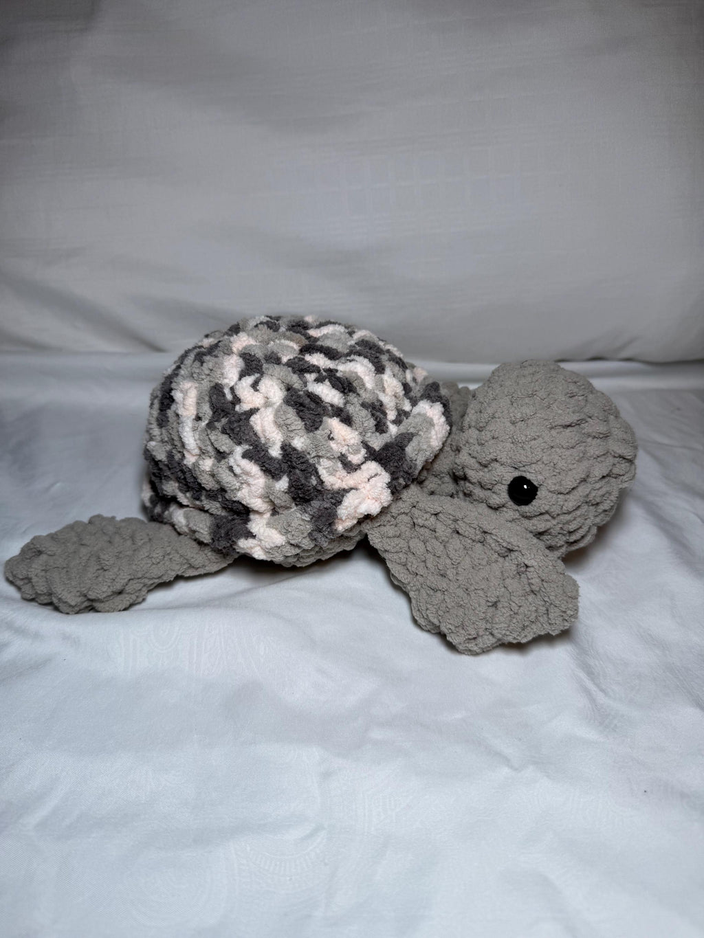 Chunky Crochet Sea Turtle Plushie – Soft Chenille Amigurumi Toy, Grey Marble Nursery Decor