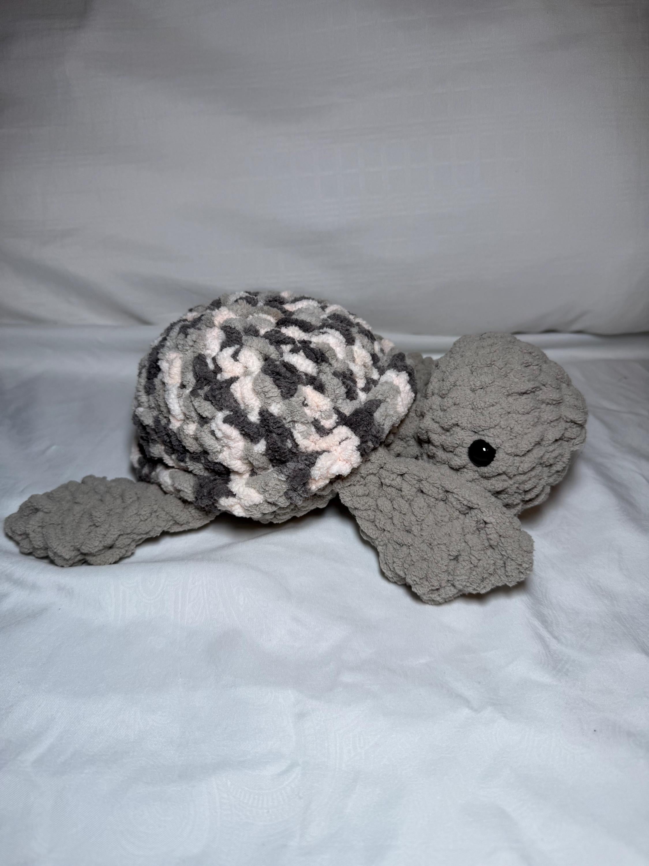 Chunky Crochet Sea Turtle Plushie – Soft Chenille Amigurumi Toy, Grey Marble Nursery Decor