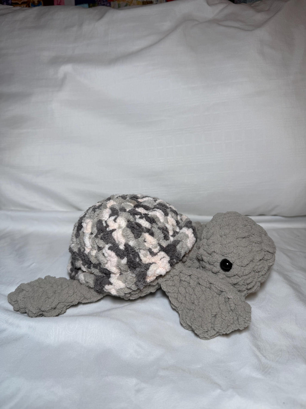 Chunky Crochet Sea Turtle Plushie – Soft Chenille Amigurumi Toy, Grey Marble Nursery Decor