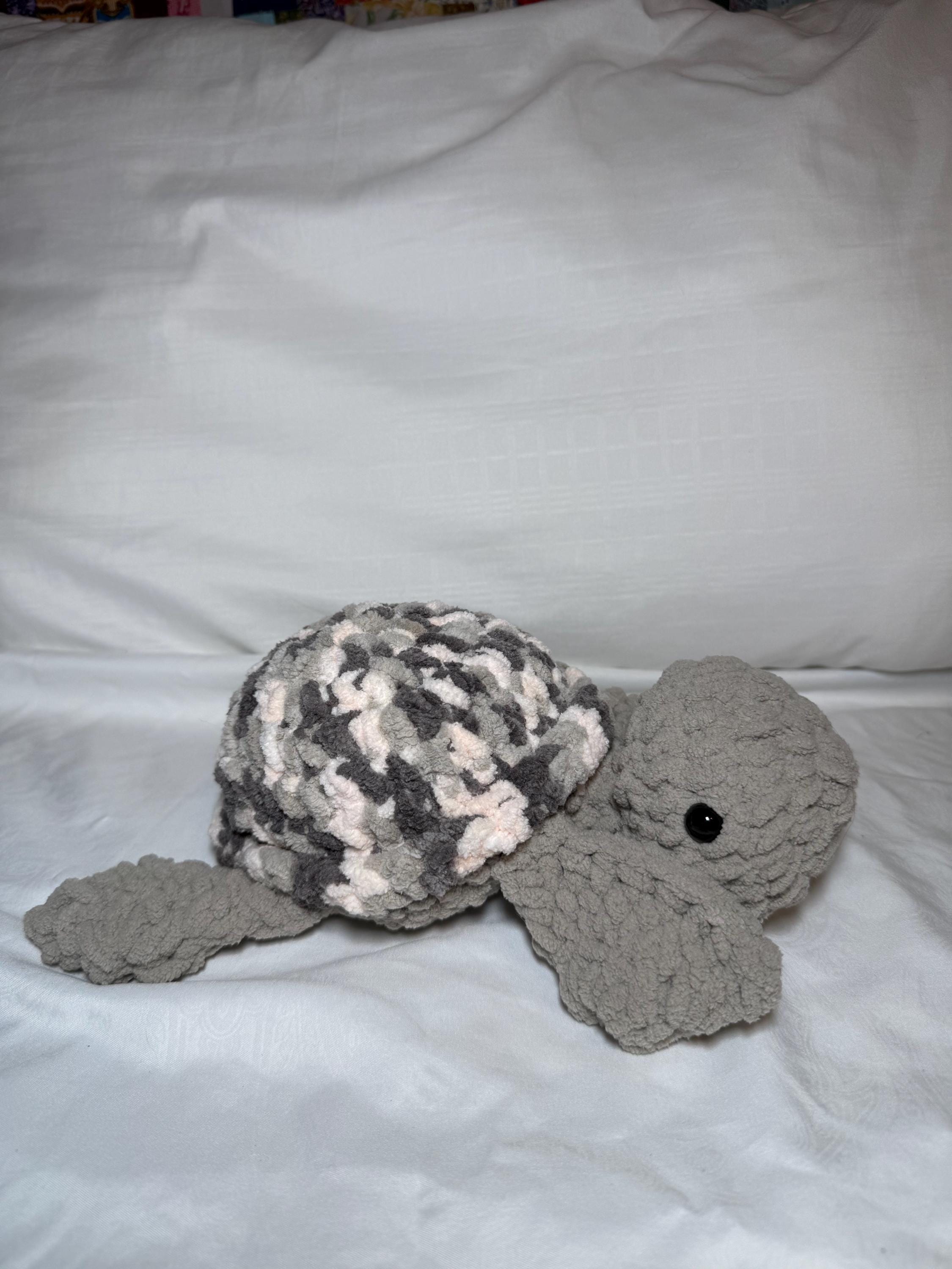Chunky Crochet Sea Turtle Plushie – Soft Chenille Amigurumi Toy, Grey Marble Nursery Decor