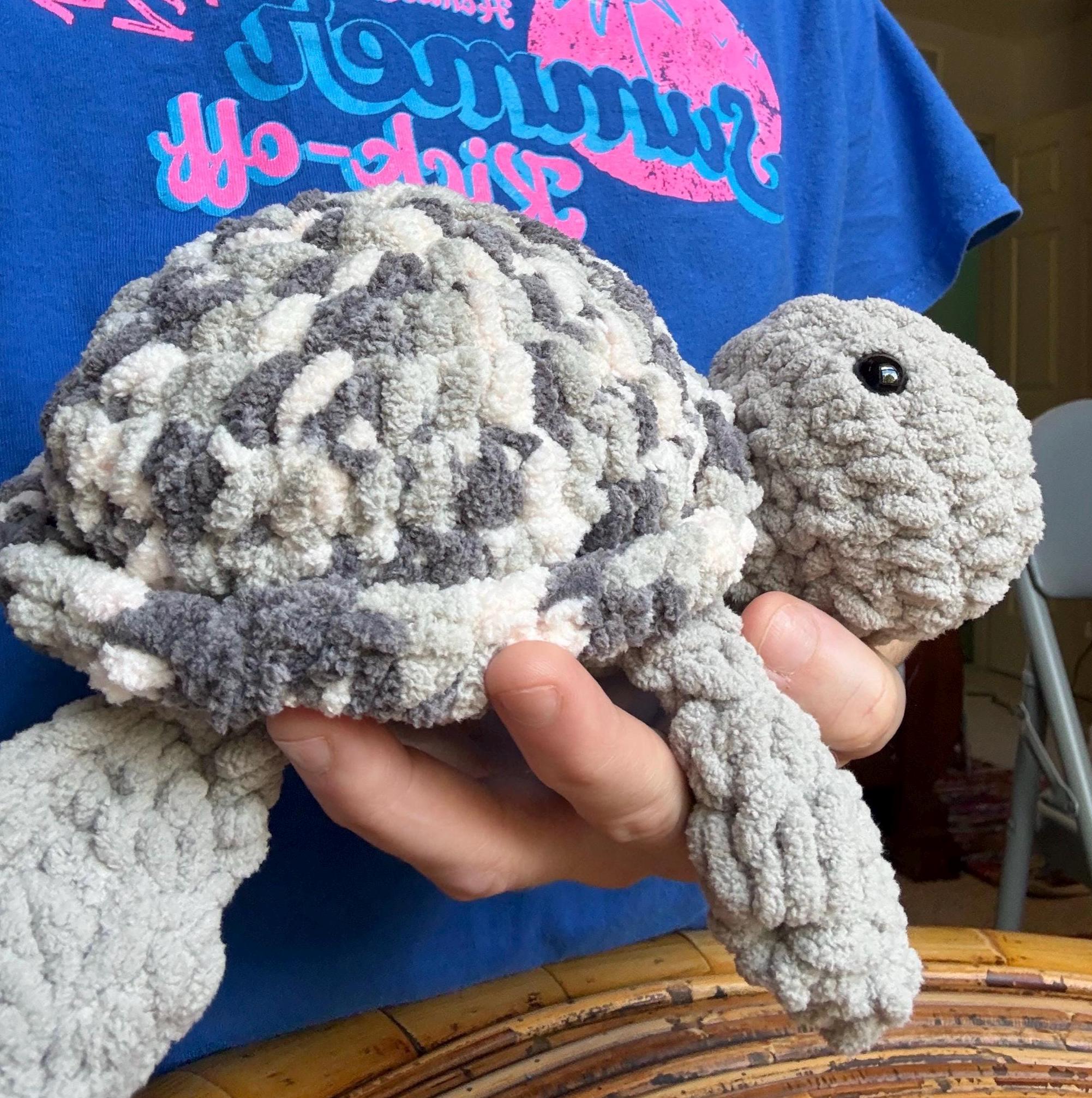 Chunky Crochet Sea Turtle Plushie – Soft Chenille Amigurumi Toy, Grey Marble Nursery Decor