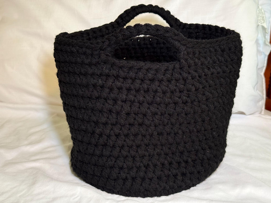 Black Crocheted Basket with Wood Base: Oversized Textile Home Organizer