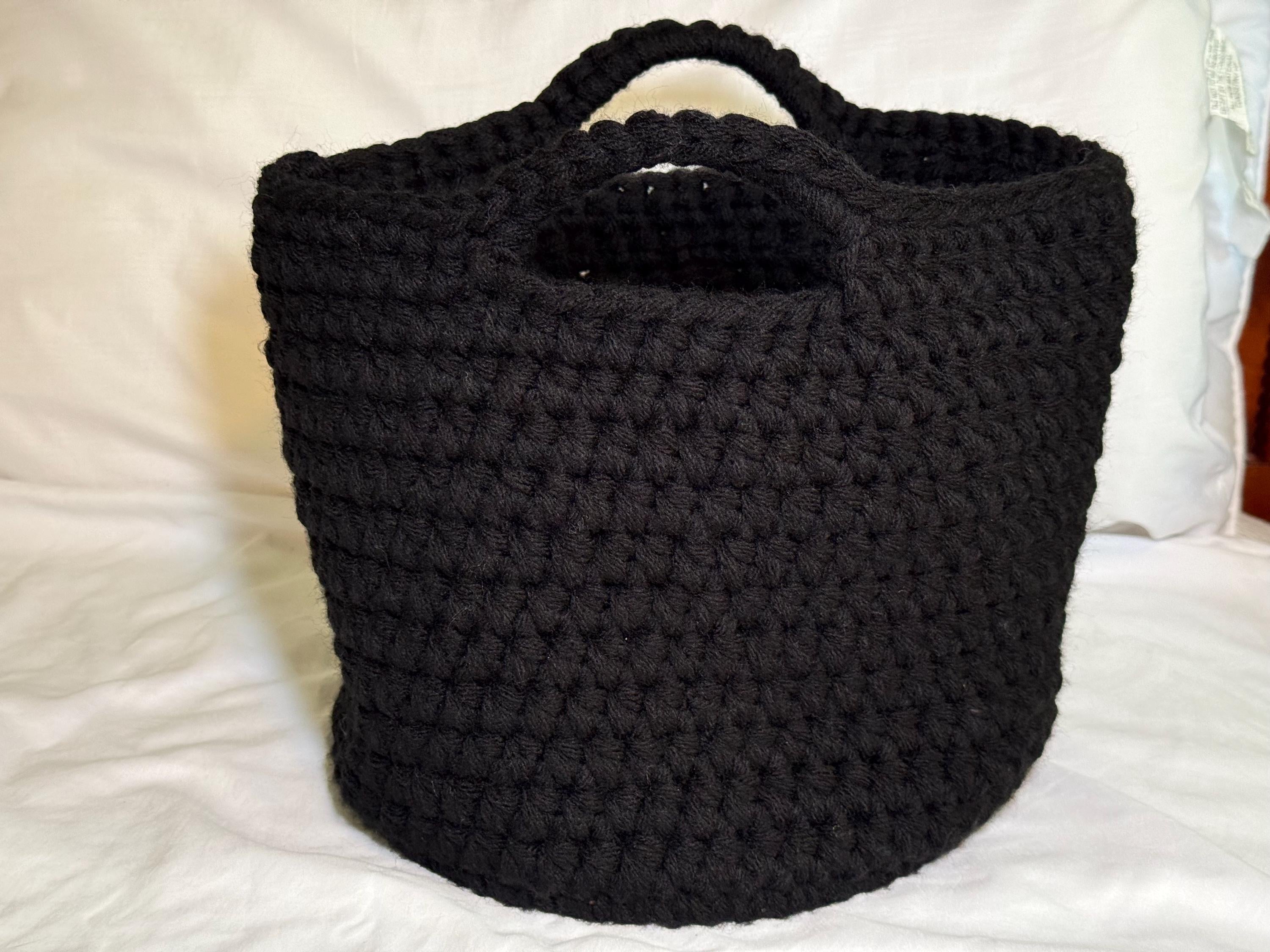 Black Crocheted Basket with Wood Base: Oversized Textile Home Organizer