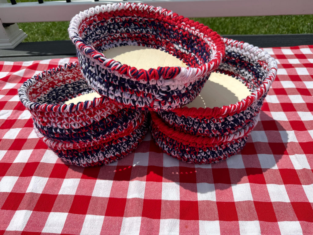 America 250th Birthday Basket/ Patriotic Crochet Bowl with Wood Base