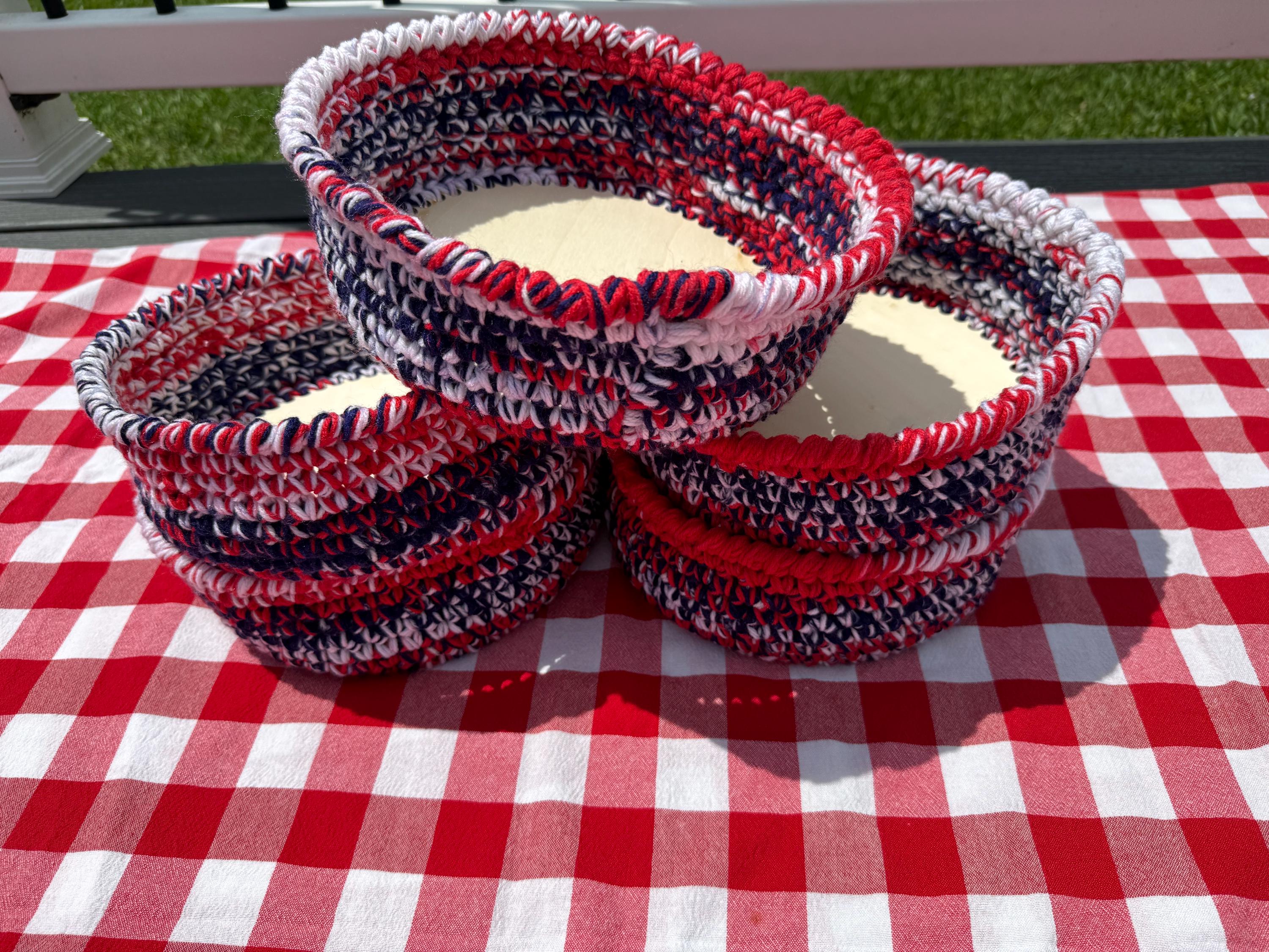America 250th Birthday Basket/ Patriotic Crochet Bowl with Wood Base