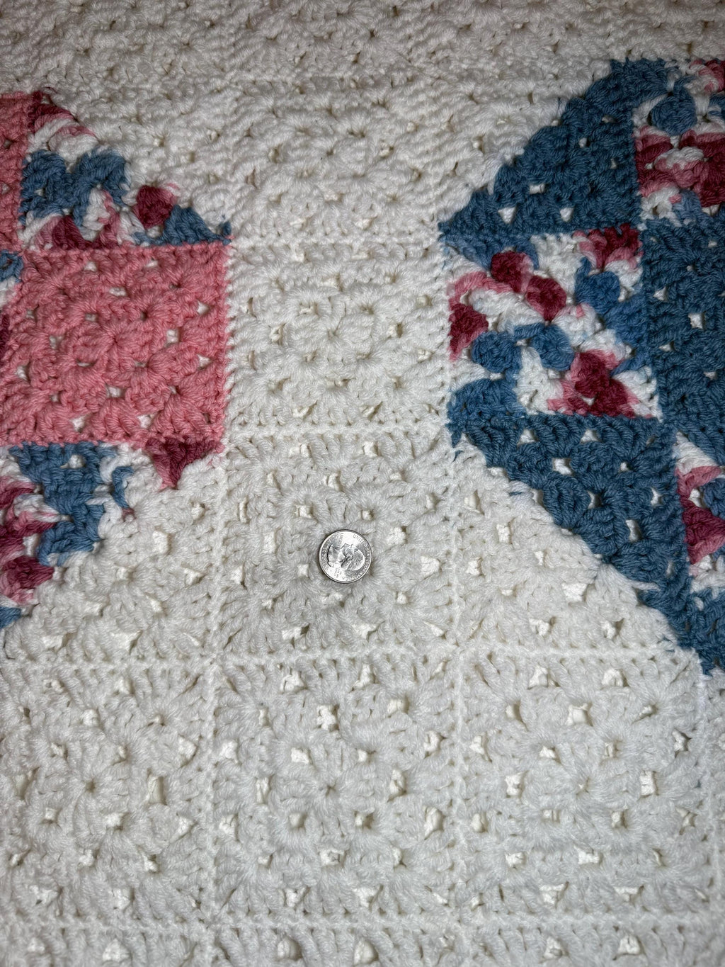 Handmade Appalachian Crochet Heart Blanket – 1990s Pink Blue Heirloom Throw