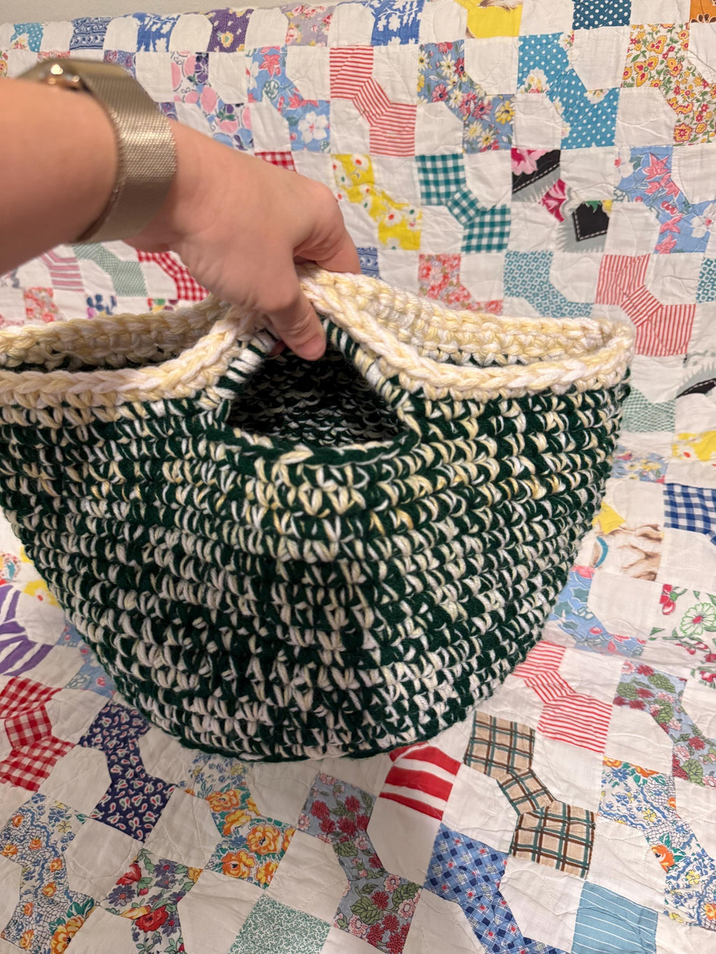 Handmade Crocheted Basket: Variegated Green & Cream, Boho Home Storage