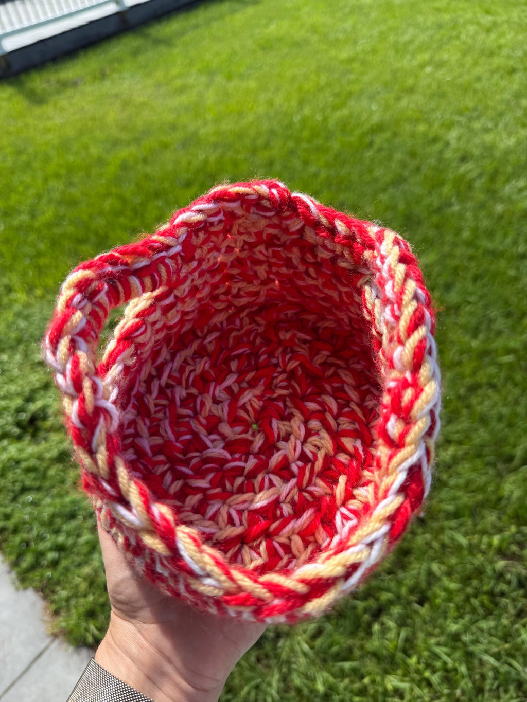 Small Crocheted Basket: Red and Yellow Handwoven Yarn