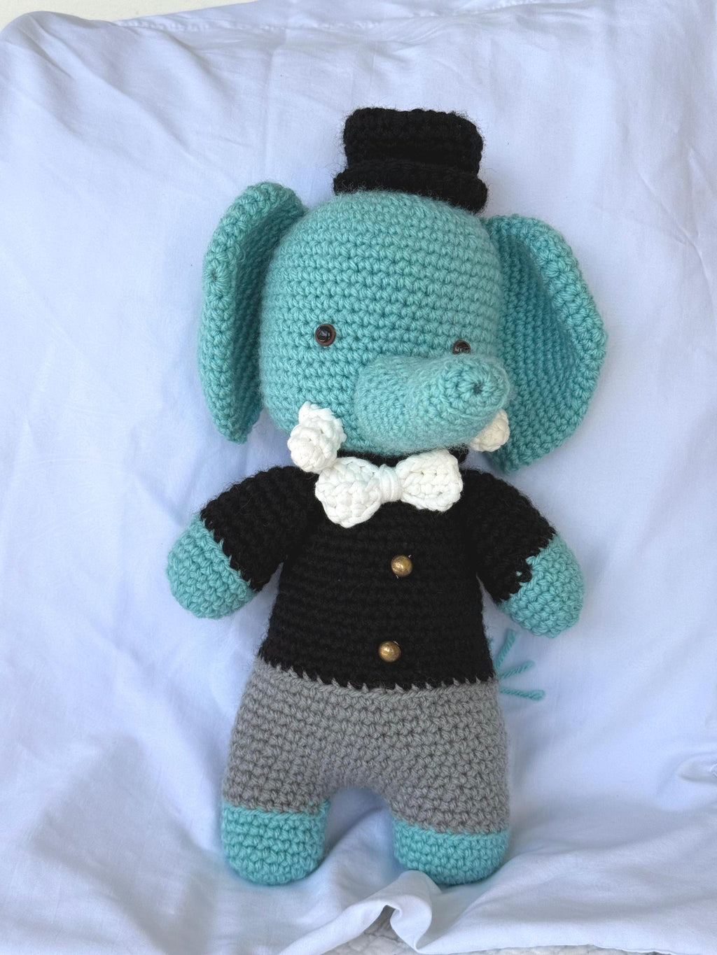 Hand-Crocheted Elephant Plush Toy in Tuxedo, Dapper Amigurumi Stuffed Animal for Nursery Decor