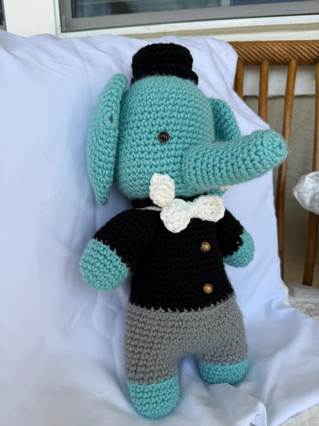Hand-Crocheted Elephant Plush Toy in Tuxedo, Dapper Amigurumi Stuffed Animal for Nursery Decor