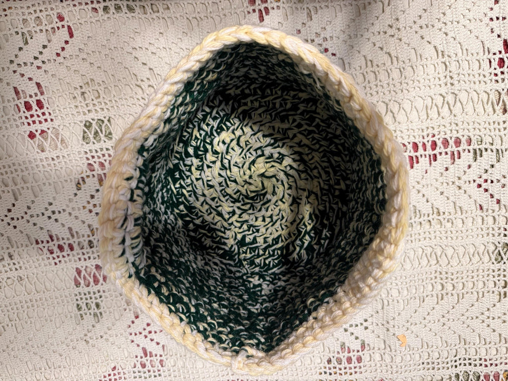 Handmade Crocheted Basket: Variegated Green & Cream, Boho Home Storage