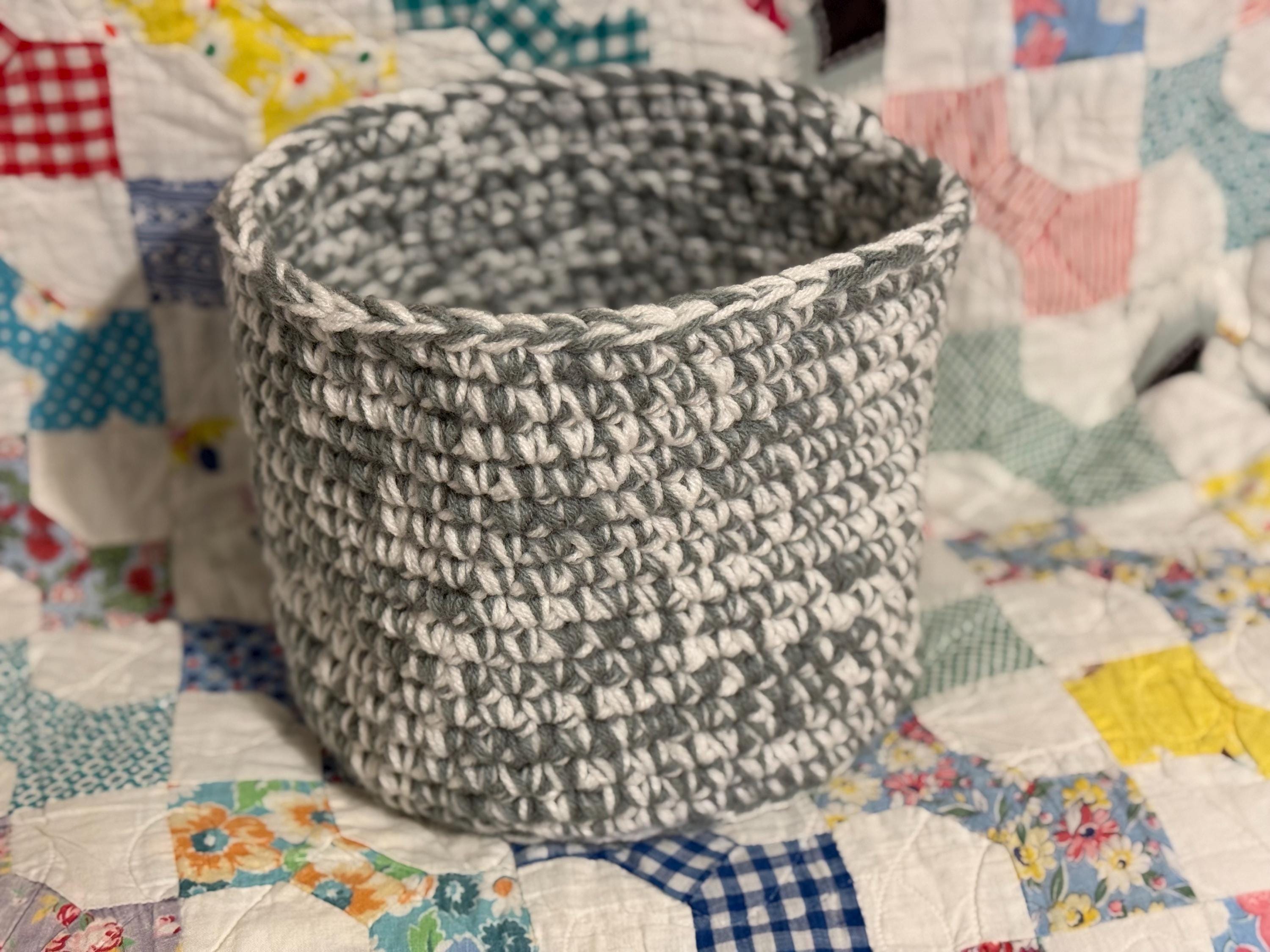 Handmade Crochet Basket: Gray and White Yarn Storage