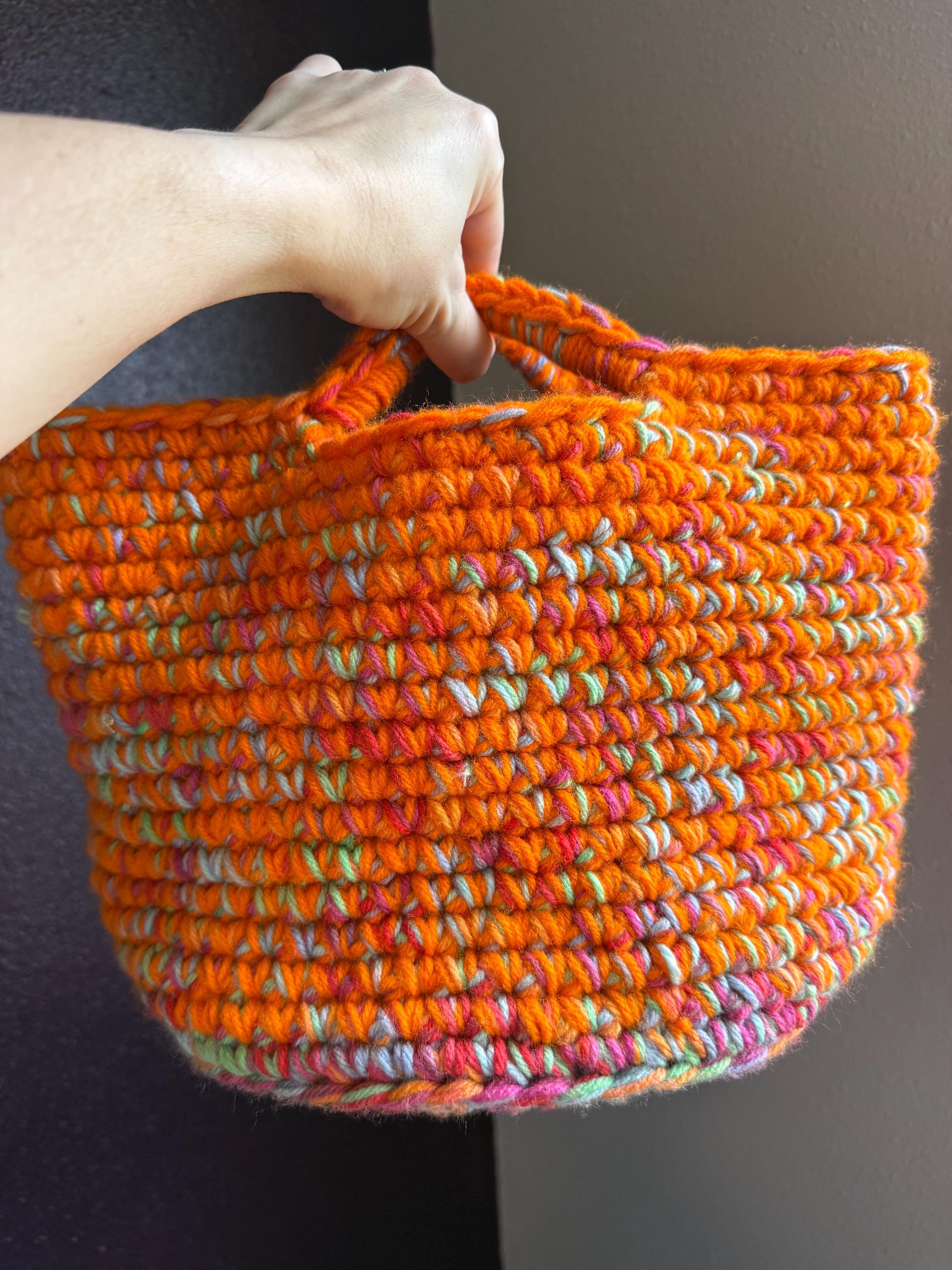 Hand Crocheted Basket, Vibrant Orange With Spring Pastels