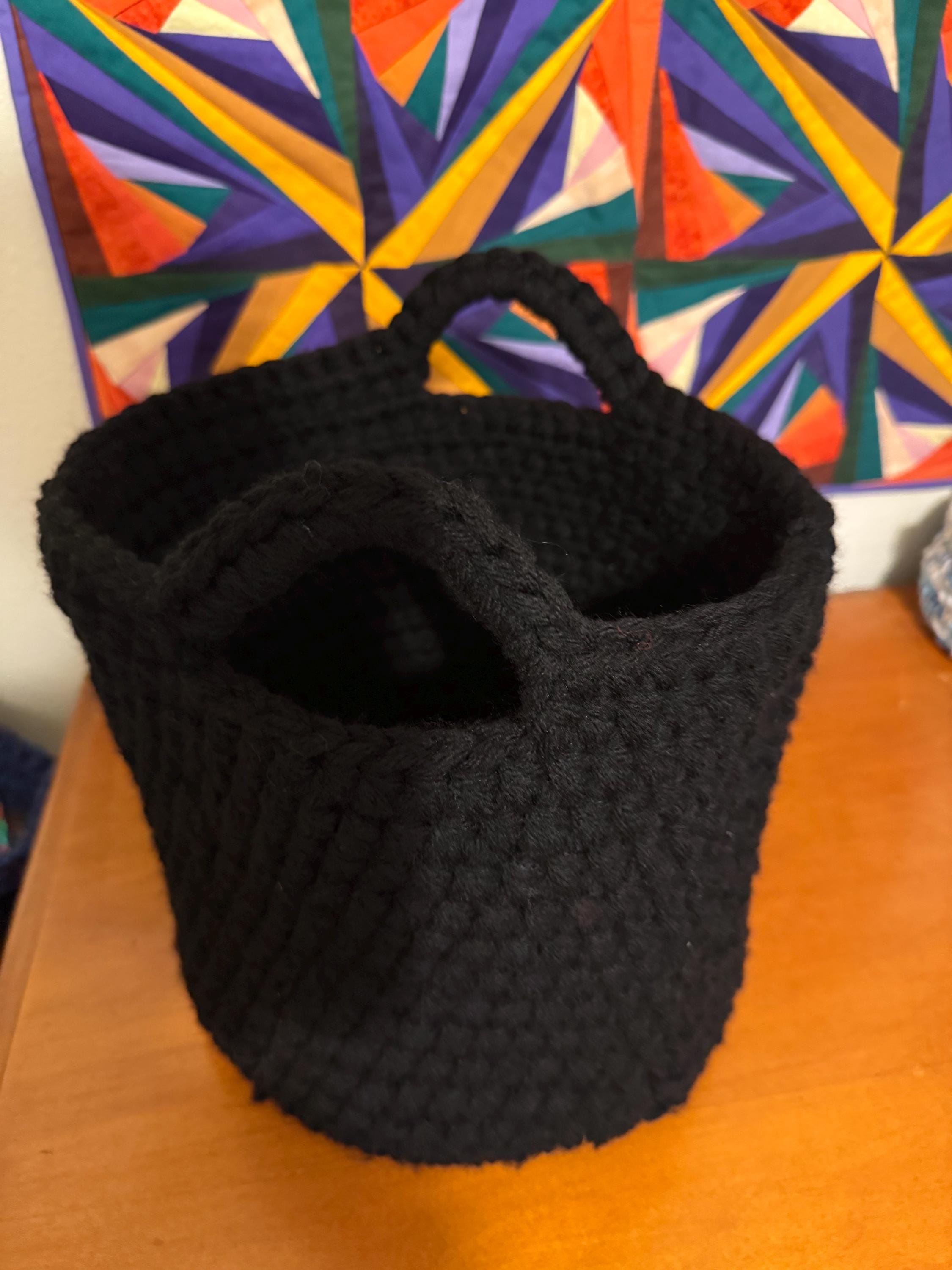 Black Crocheted Basket with Wood Base: Oversized Textile Home Organizer