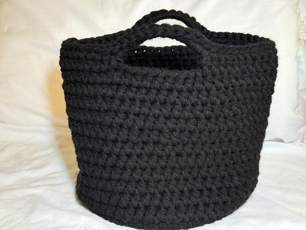 Black Crocheted Basket with Wood Base: Oversized Textile Home Organizer