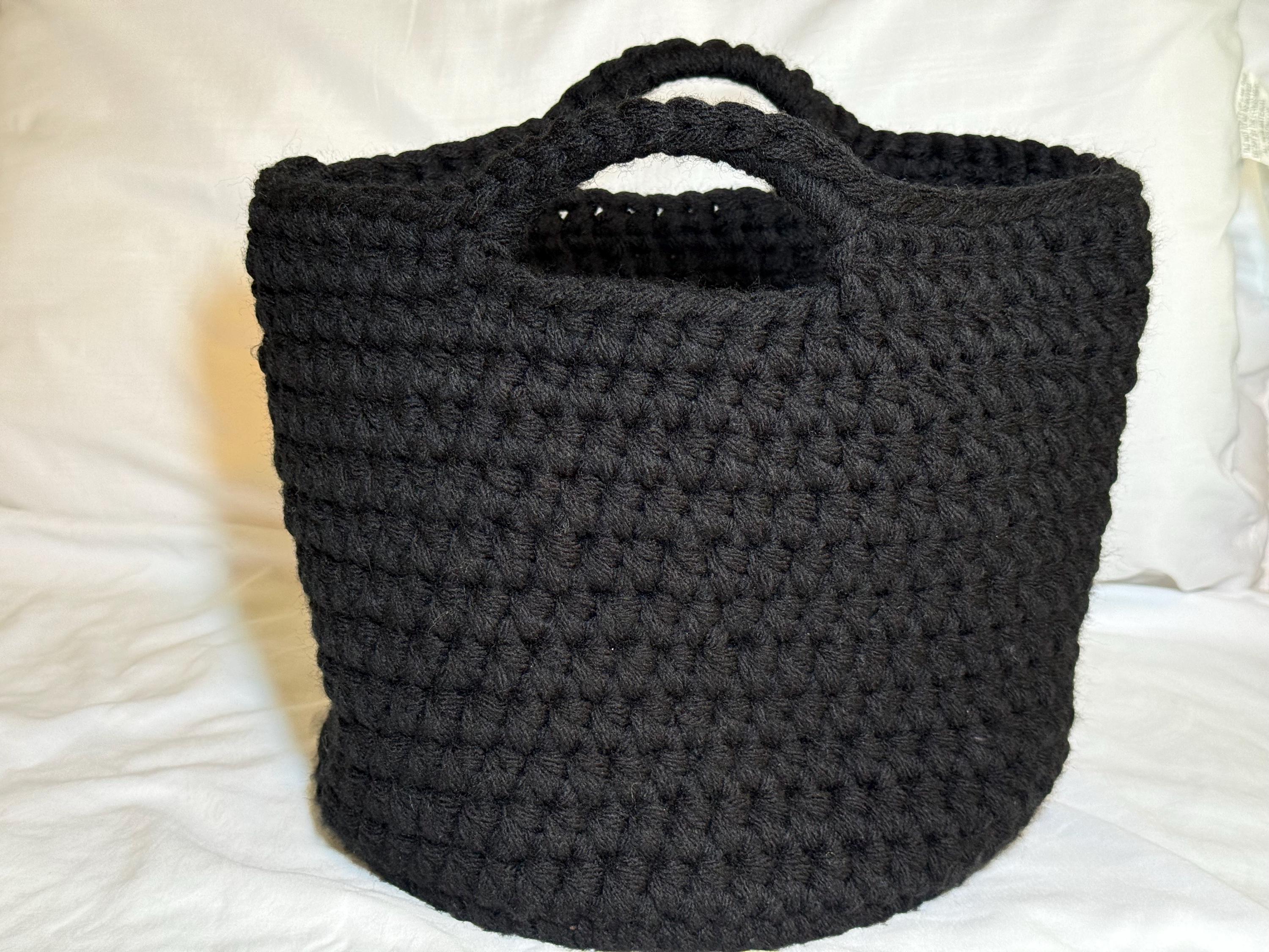 Black Crocheted Basket with Wood Base: Oversized Textile Home Organizer