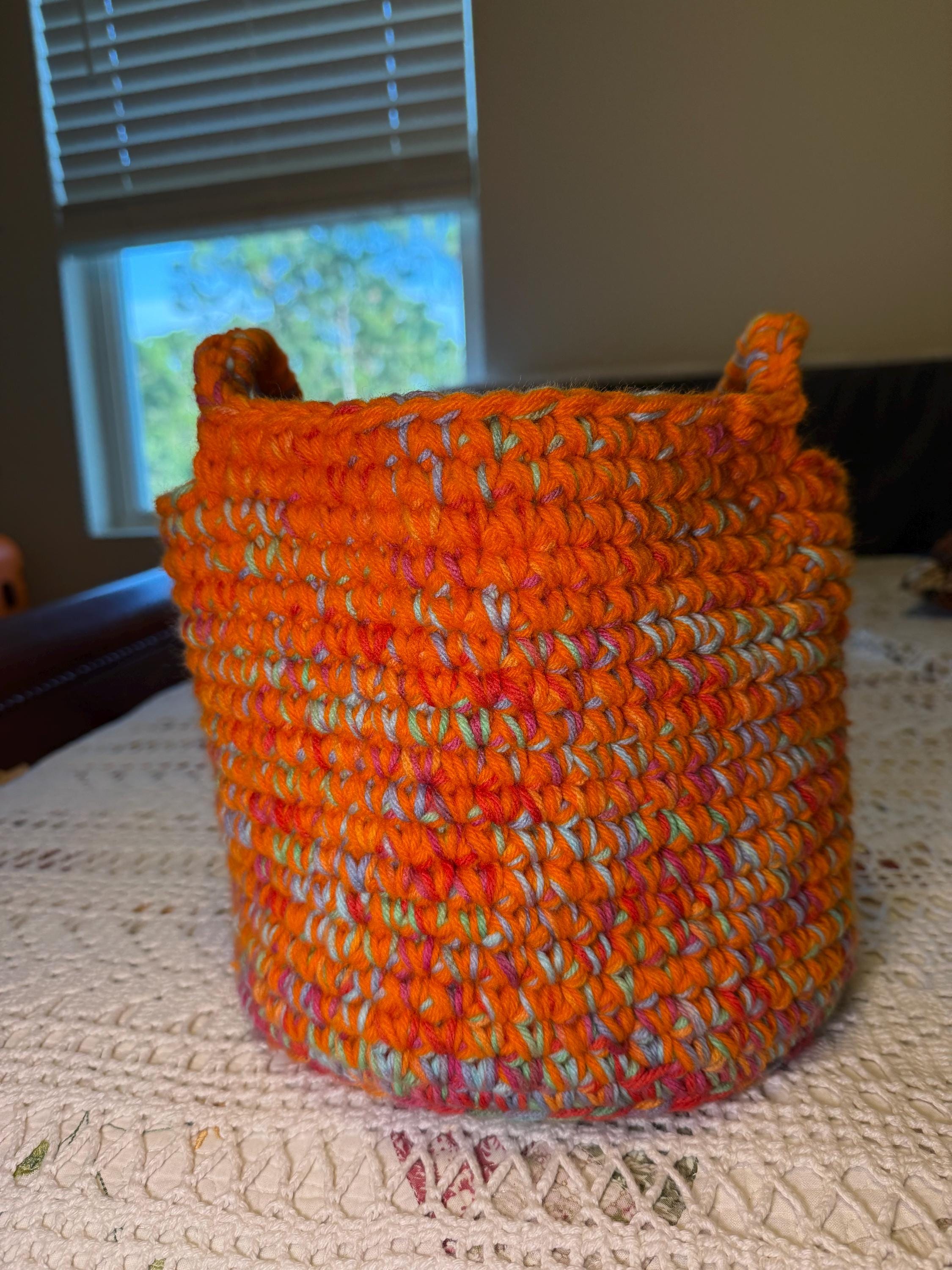 Hand Crocheted Basket, Vibrant Orange With Spring Pastels
