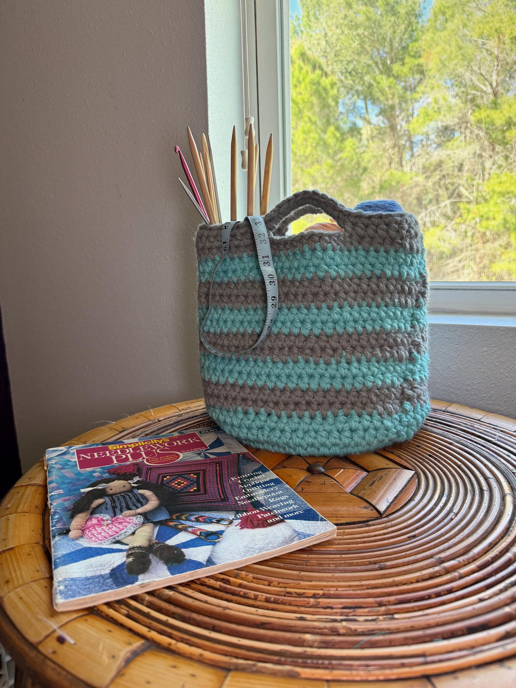 Blue and Gray Crocheted Basket: Farmhouse Handwoven Storage/Striped Coastal/Handmade Basket
