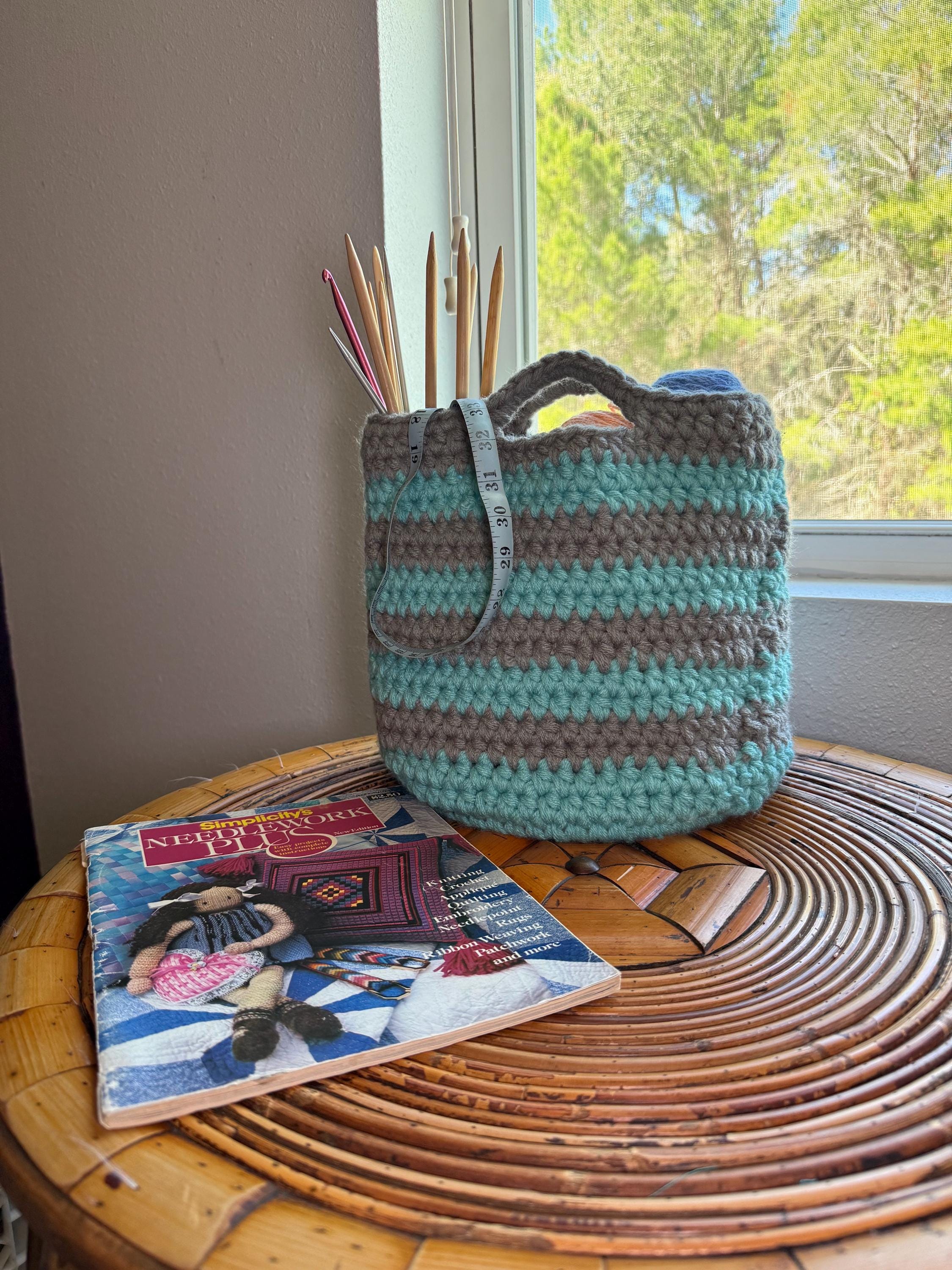 Blue and Gray Crocheted Basket: Farmhouse Handwoven Storage/Striped Coastal/Handmade Basket